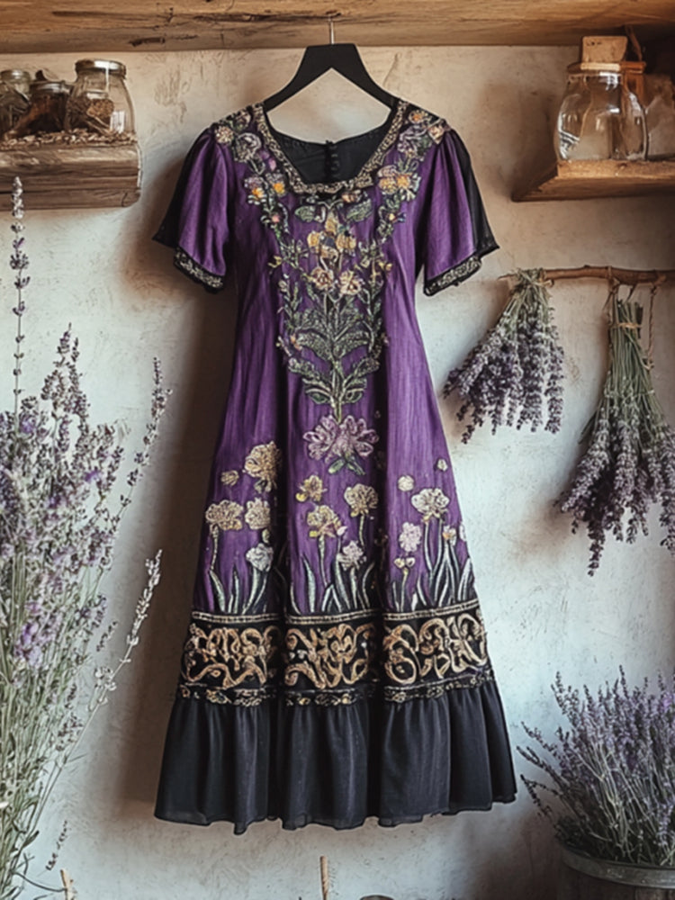 Bohemian Lavender Embroidery Patchwork Art Linen Round Neck Midi Dress