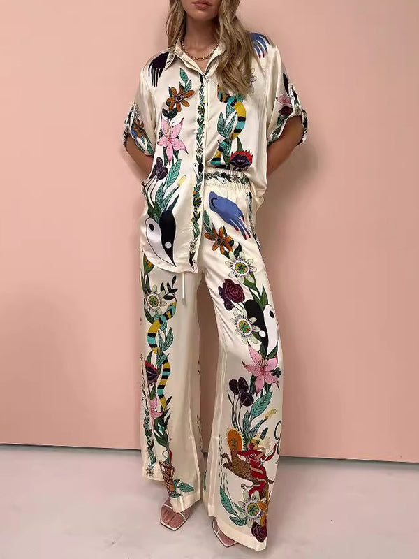 Buttoned Drawstring Elasticity Flower Print Pockets Half Sleeves Loose Lapel Two Pieces Set Pants Set