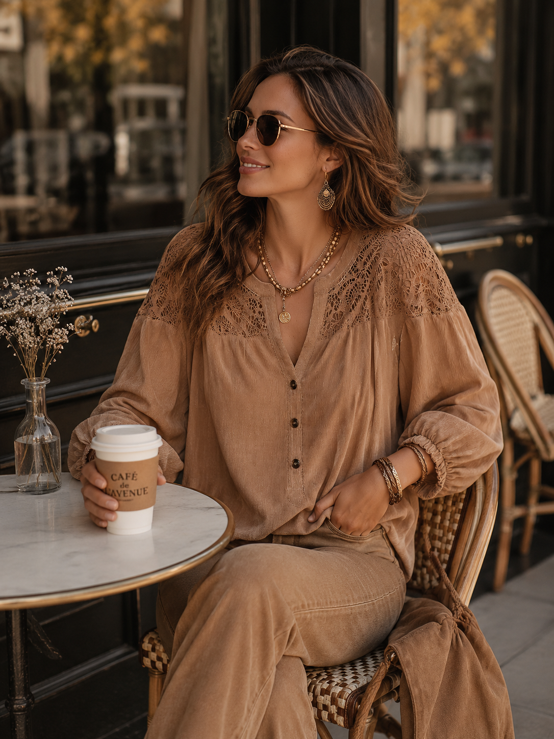 Refined Khaki Lace Yoke Blouse