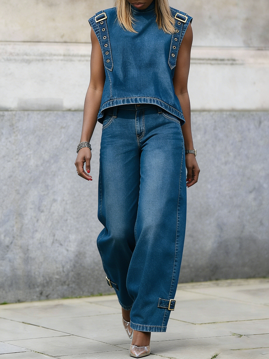 Stylish Casual Stand-collar Straps Denim Shirt