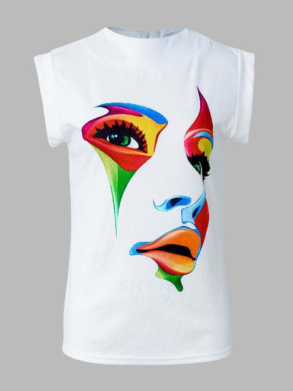 Cap Sleeve Loose Multi-Colored Printed High-Neck T-Shirts Tops