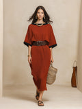 Minimalist Autumn Sweater-Knit Round-Neck Cocoon Brick Red Maxi Dress