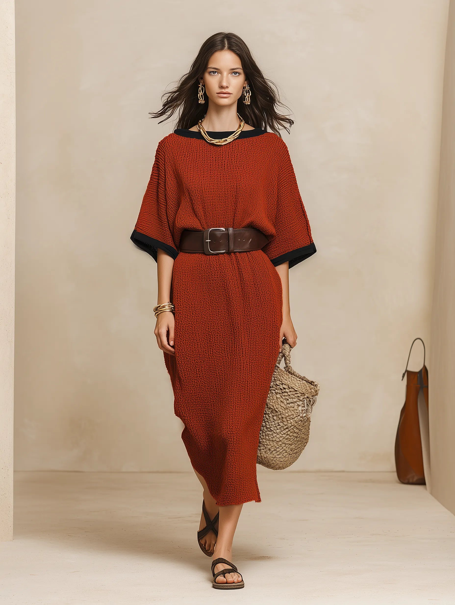 Minimalist Autumn Sweater-Knit Round-Neck Cocoon Brick Red Maxi Dress
