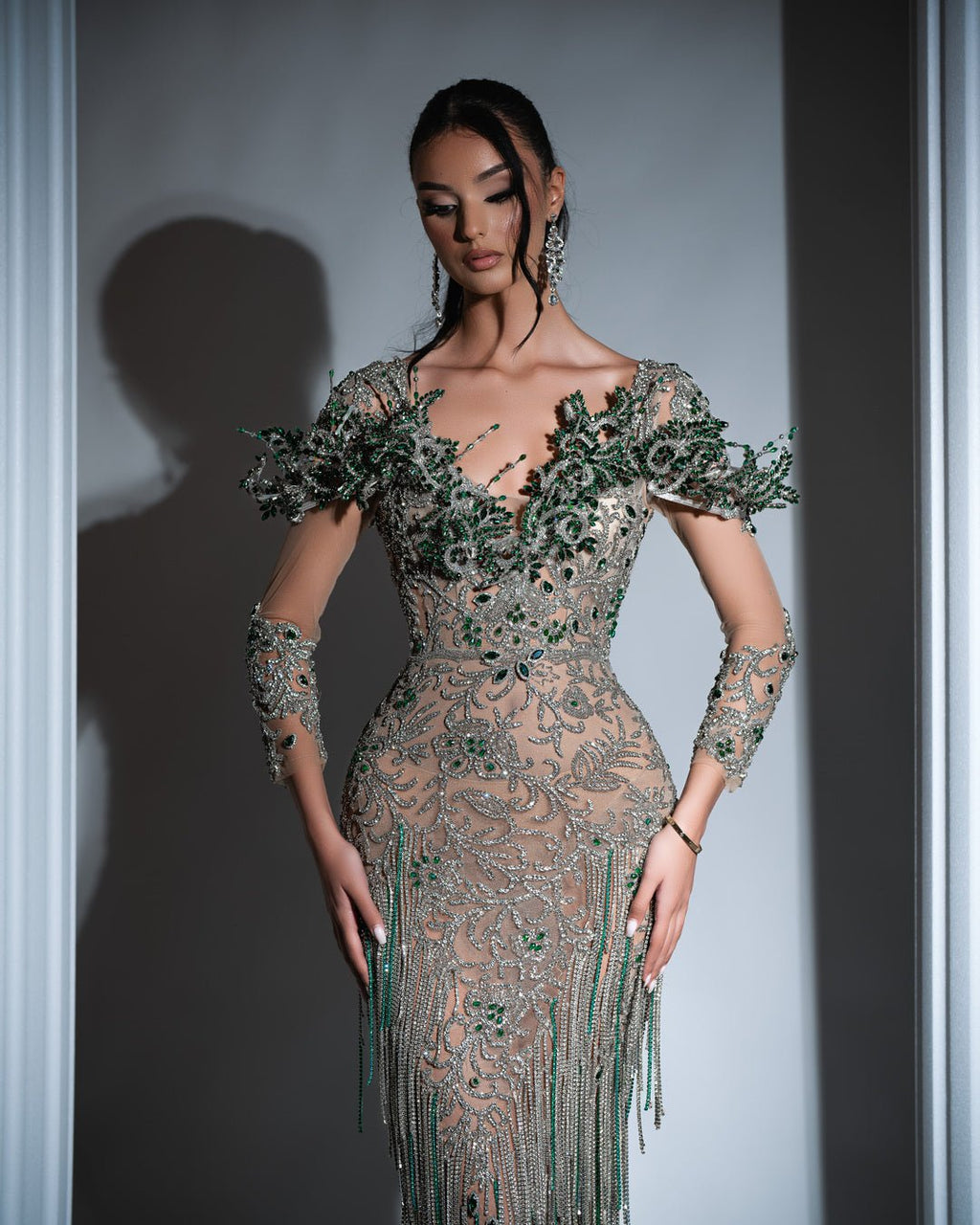 Flavie Silver Dress with Green Crystals and Tassels