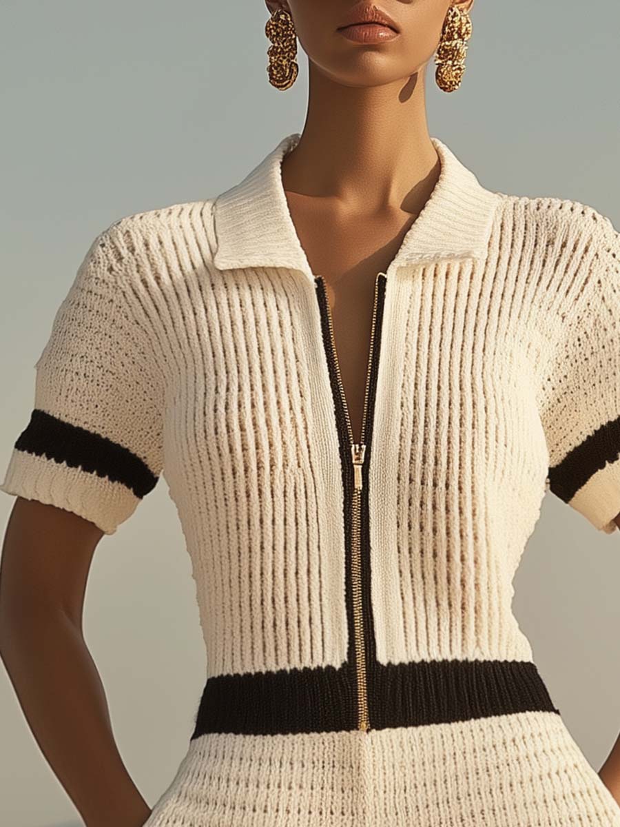 [24-hour shipping out]Breathable Fashion Front Zipper Short Sleeve Knit Shorts Jumpsuit