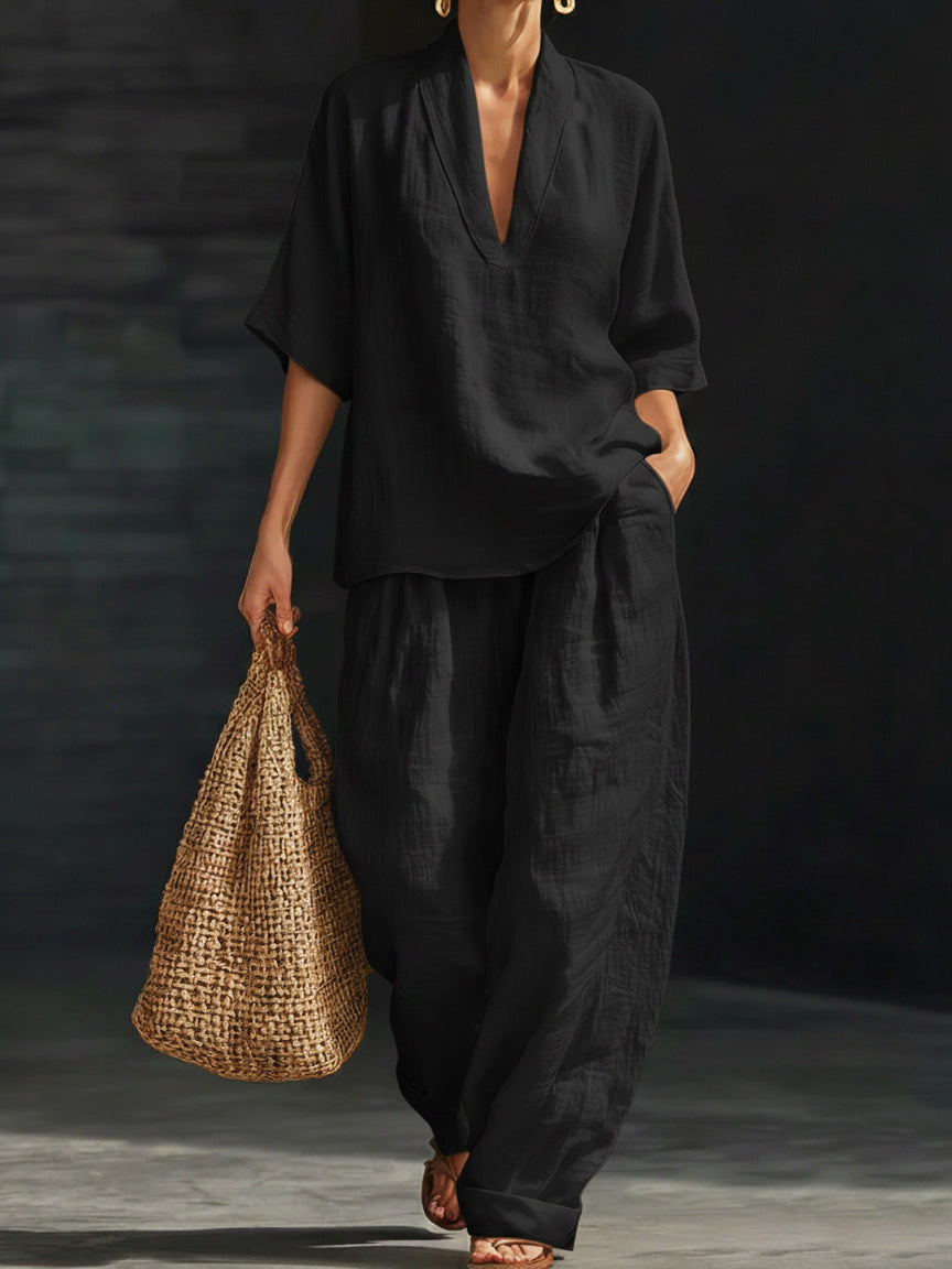 Gurtons Coastal Chic 2-Piece Set - V-Neck Linen-Textured Tunic & Wide-Leg Pants Lounge Set