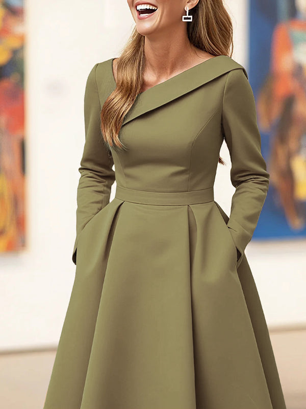 A-Line High Waisted Pleated Pockets Solid Color V-Neck Maxi Dresses