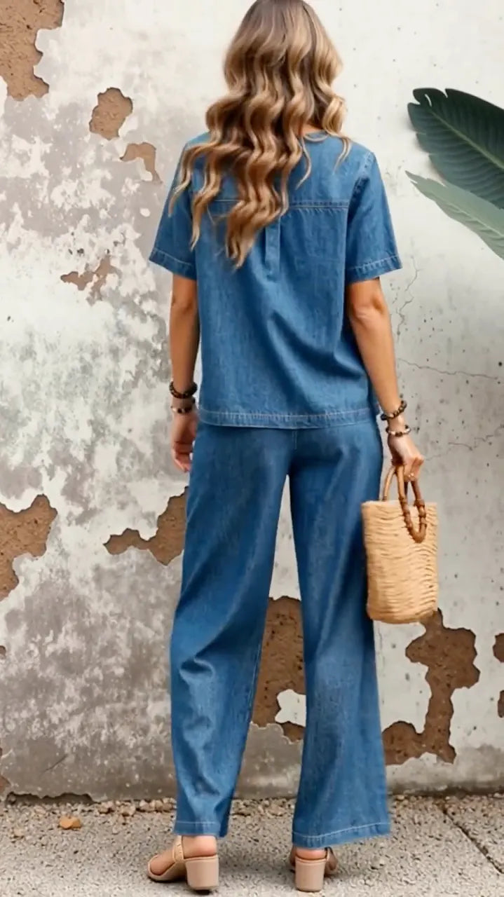 Denim Asymmetrical Button 2 Piece Set