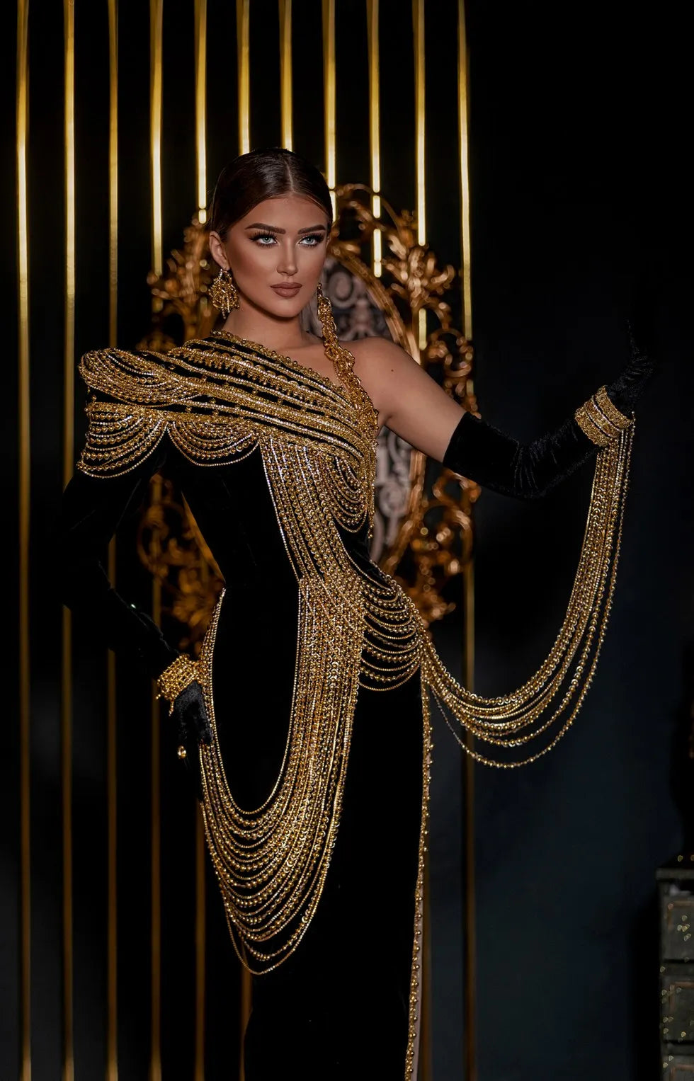 km10241 Shiny Black One-shoulder Evening Maxi Dress