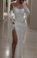 White Off-the-Shoulder Lace Maxi Dress with Glitter Sleeves