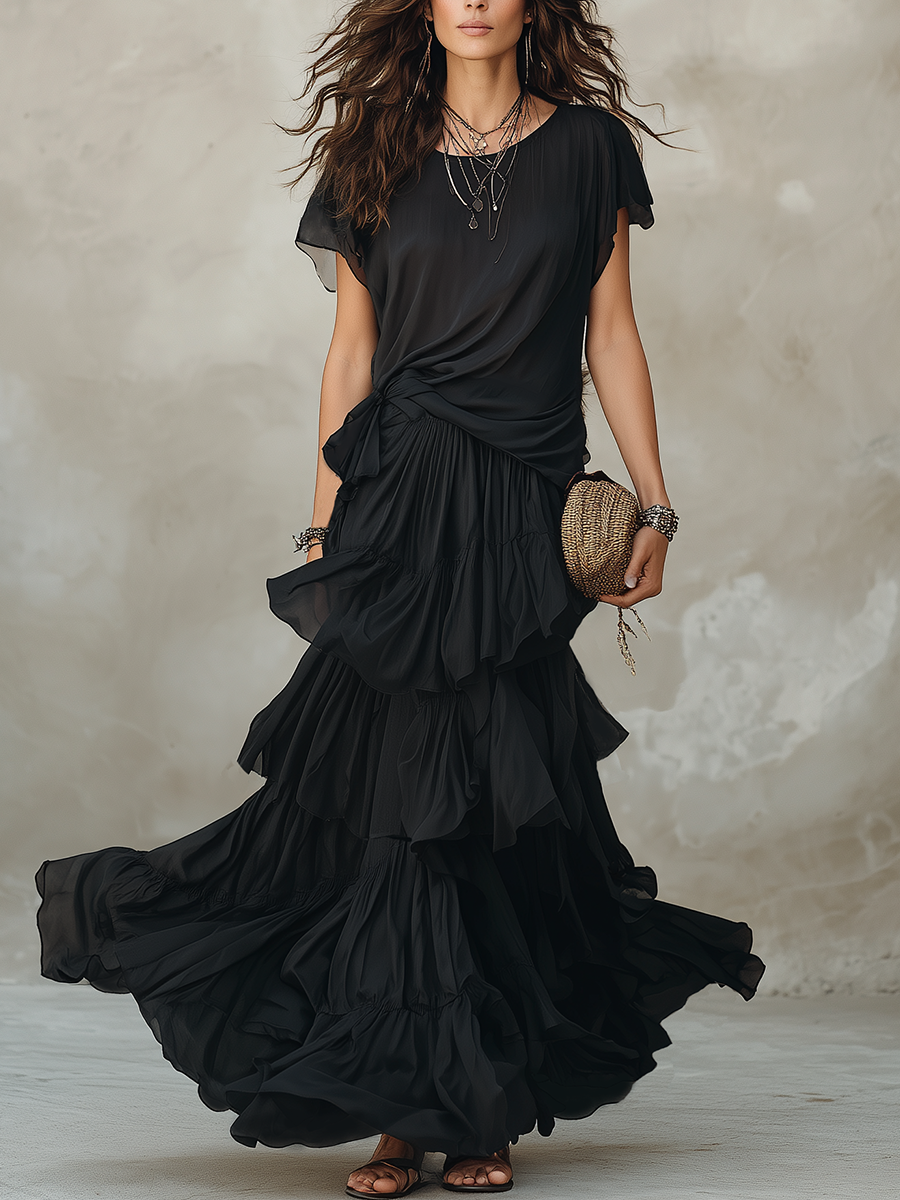 Flowing Tiered Chiffon Maxi Skirt Set