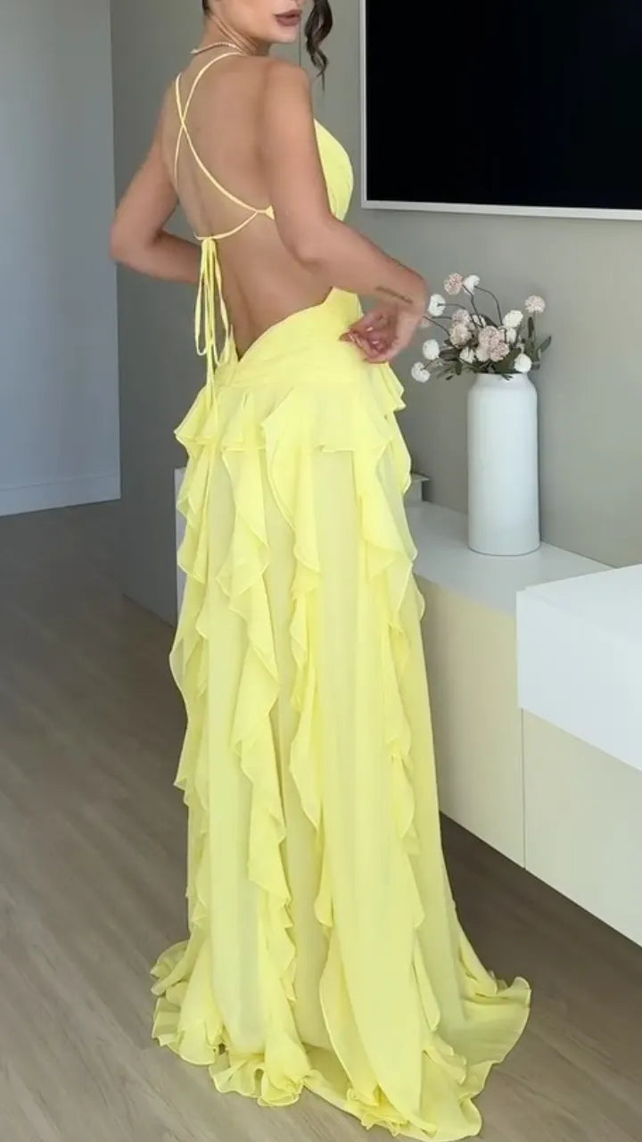 Women's Yellow Deep V-Back Ruffle Slit Maxi Dress