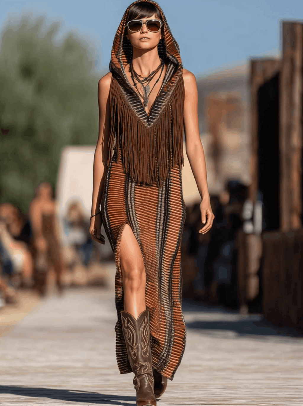[24-hour shipping out]Western Retro Colorful Striped Knitted Tassel Hooded Slit Maxi Dress