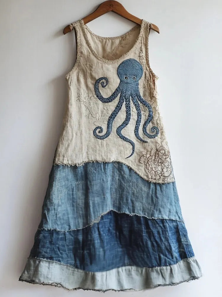 Octopus Pattern Patchwork Art Linen Blend Dress