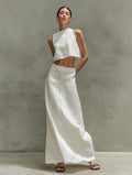 Women's Minimalist Two-Piece Set - Sleeveless Crop Top & High-Waist Maxi Skirt Vacation Outfit
