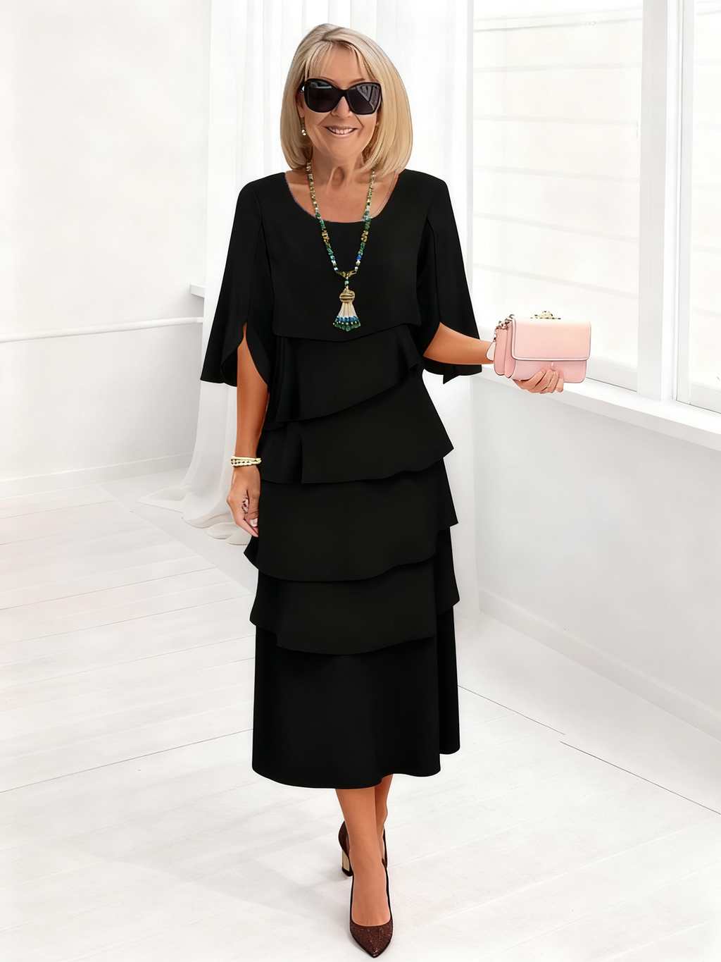 Long Dress Slit Sleeves Evening Dress Best for Covering The Belly Loose Layer Cotton Multi-layer Dress