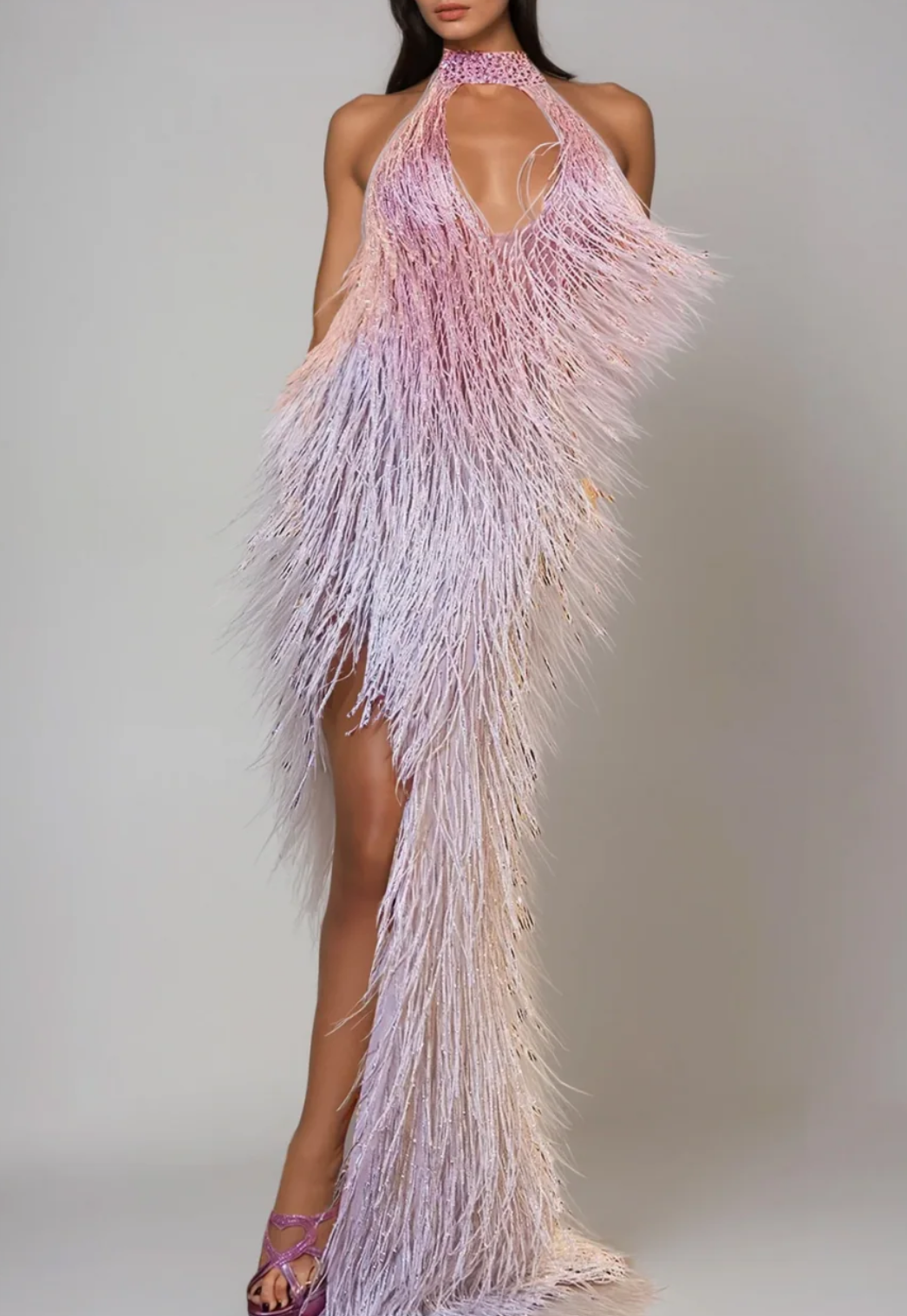 Pink Ombre Halter Neck Fringe Formal Maxi Dress