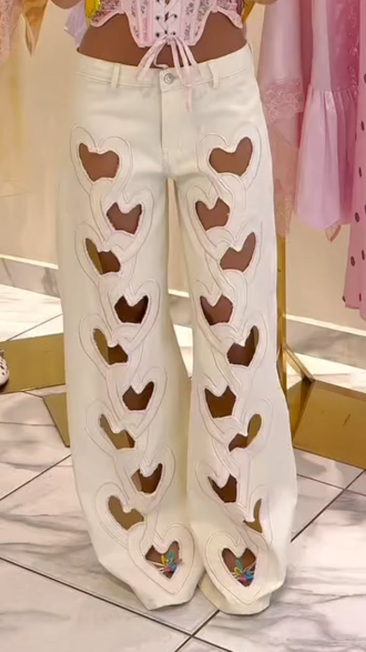 White Heart Cutout Wide Leg Denim Pants