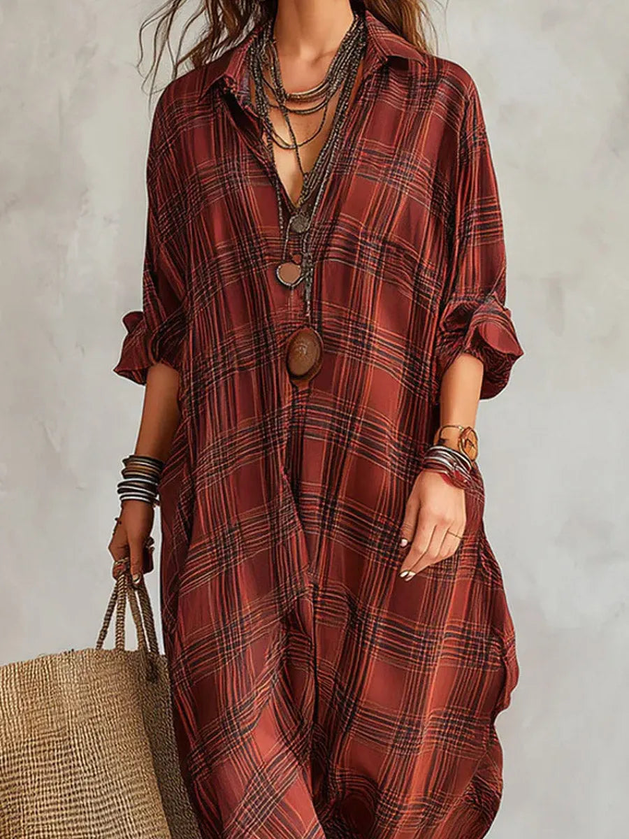 Women's Plaid Pattern Art Stylish Cotton Linen Maxi Dress