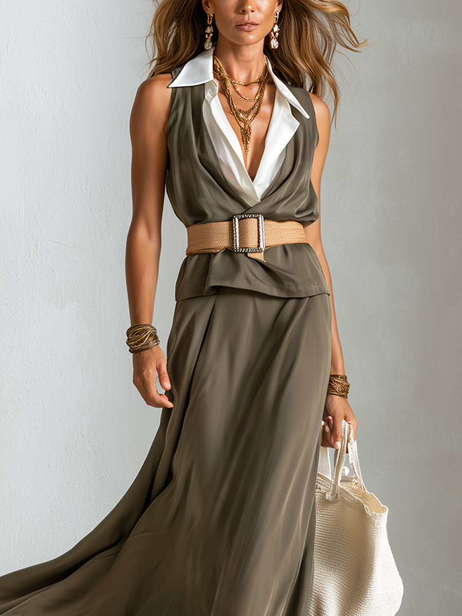 Bohemian Olive Green Lapel Maxi Dress