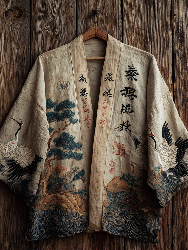 Japanese Cranes & Pine Trees Sea Waves Linen Kimono