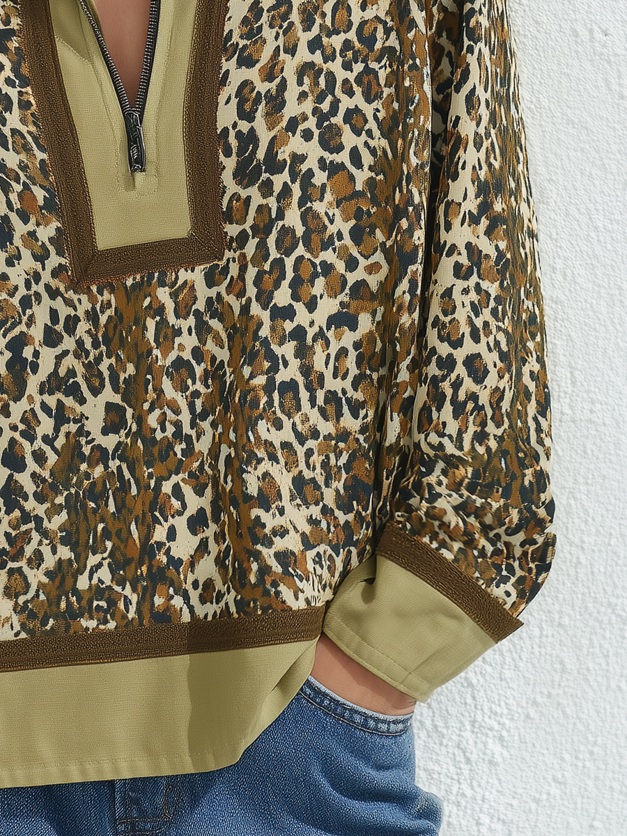 Relaxed Olive Leopard Quarter-Zip Pullover