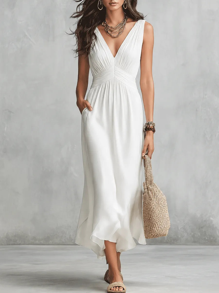 Coastal Boho Sage Knit Poncho & White Satin Midi Dress Set