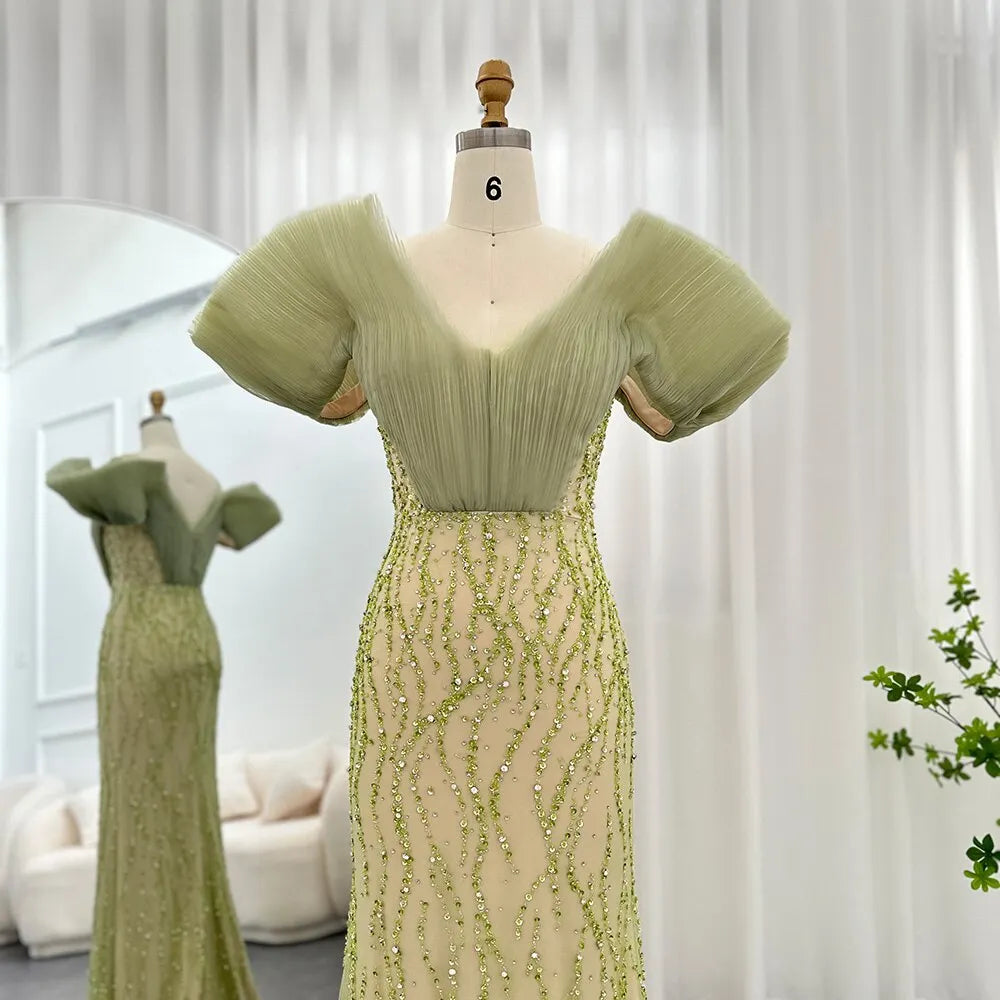 Dreamy Vow Olive Green Luxury Dubai Evening Dresses Elegant Off Shoulder Mermaid Arabic Women Wedding Formal Party Gowns 377