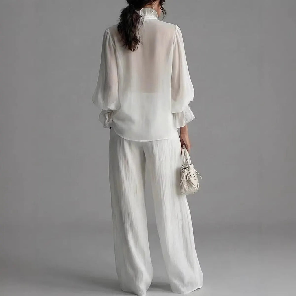 Elegant White Ruffle V-Neck Set - Flowy Lantern Sleeve Top & Wide Leg Pants Resort Suite
