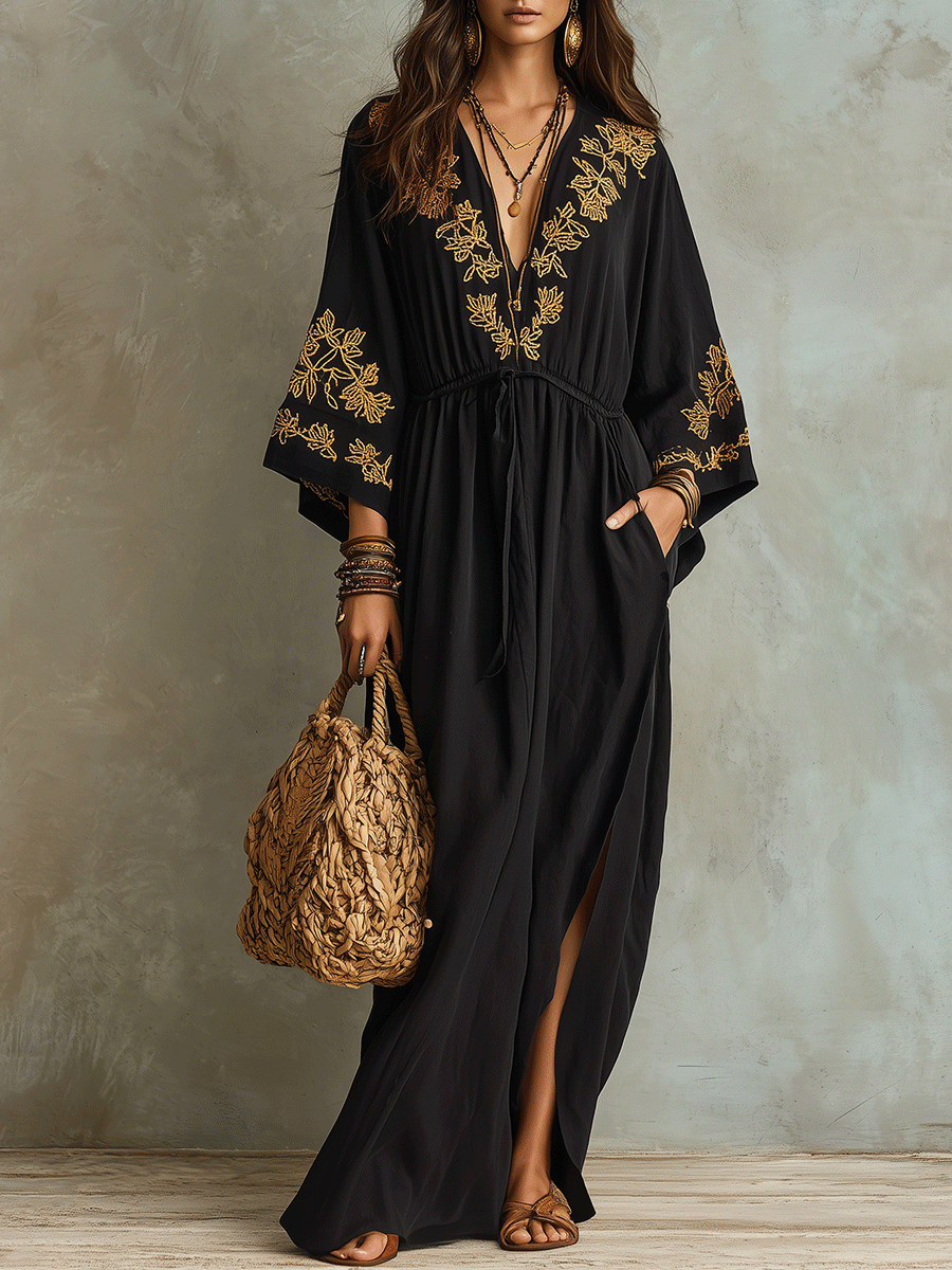 Bohemian Embroidered Waist-Tie Black Maxi Dress