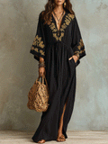 Bohemian Embroidered Waist-Tie Black Maxi Dress