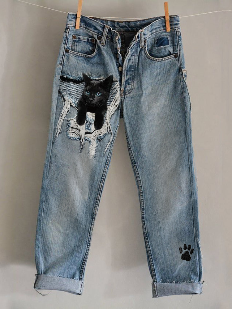 Black Cat Frayed Crack Paw Print Embroidered Washed Jeans