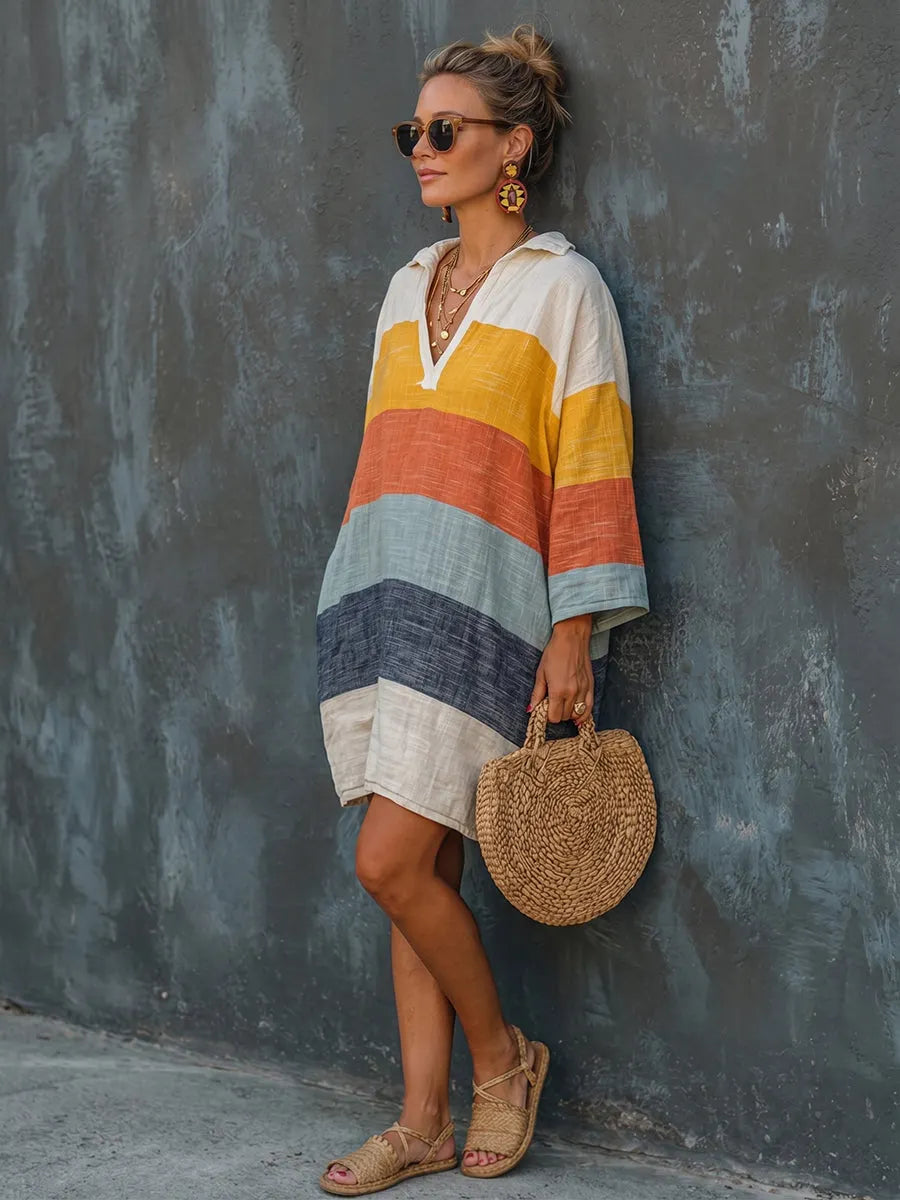 Cozy Colorful Striped Polo Collar Cotton-linen Mini Dress
