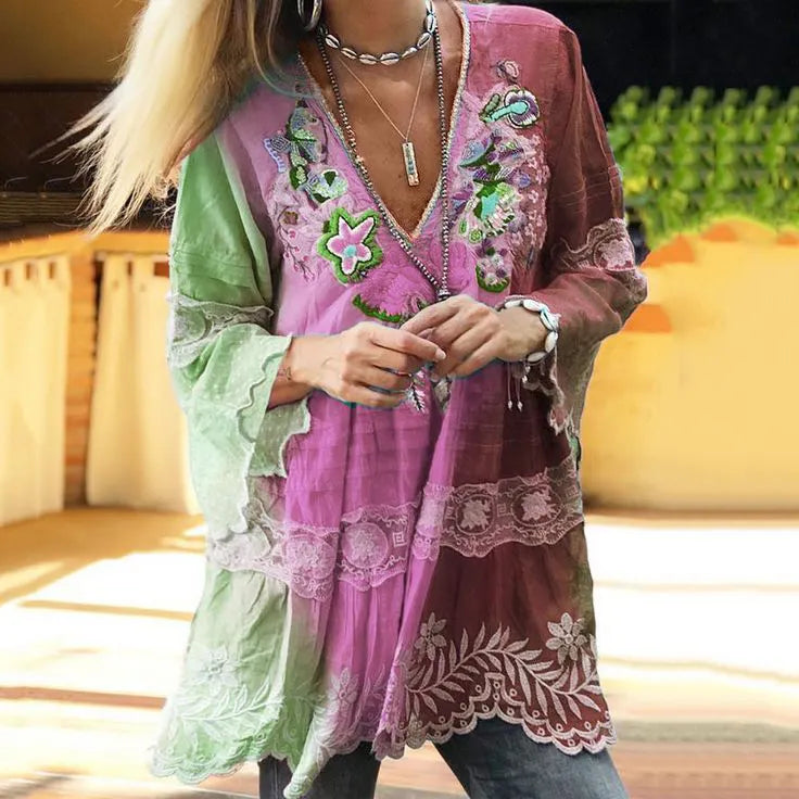 Vintage Boho Purple Floral Embroidered  Color Block Patchwork Linen V-neck Tunic