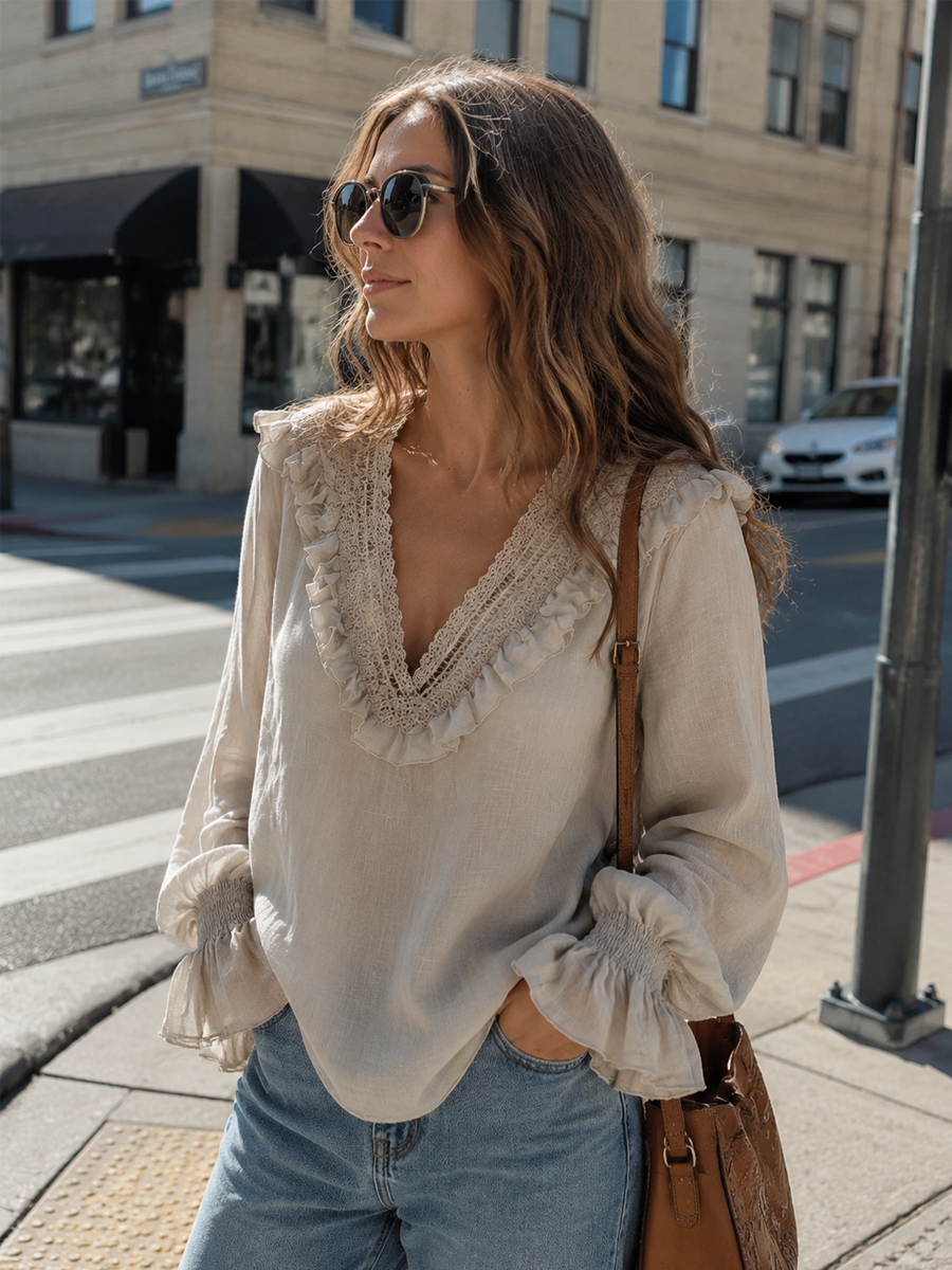 Bohemian Khaki Lace V-neck Shirt
