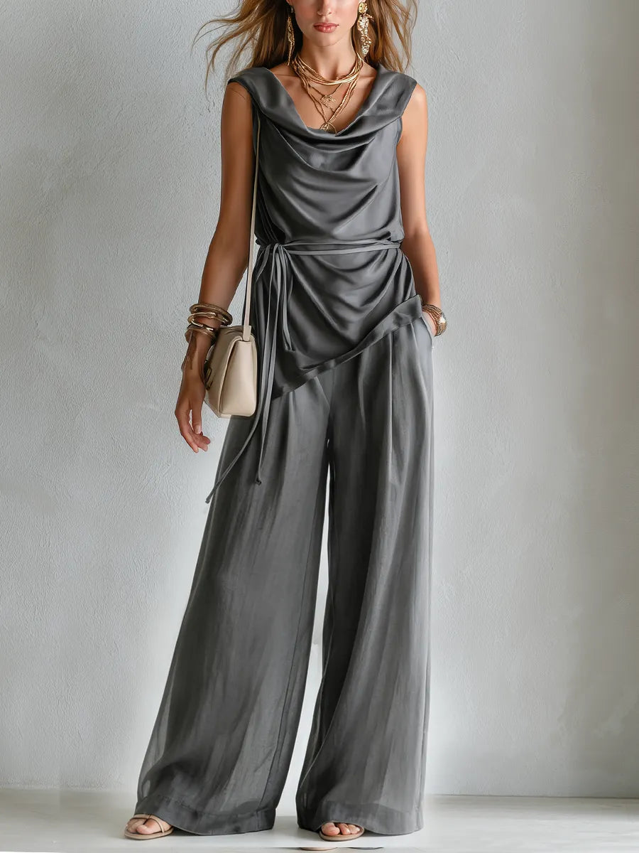 Bohemian Grey Pleated Neck Wide-Leg Trouser Suit