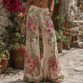 Classic Bohemian Pink Rose Vintage Elastic Waistband Casual Pants