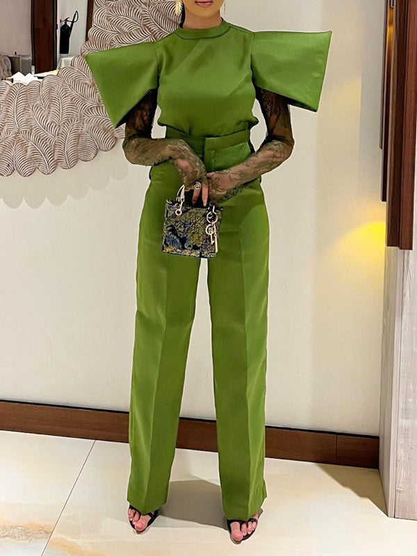 Lace-Up Solid Color Split-Joint High Waisted Straight Leg Round-Neck Jumpsuits