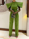 Lace-Up Solid Color Split-Joint High Waisted Straight Leg Round-Neck Jumpsuits
