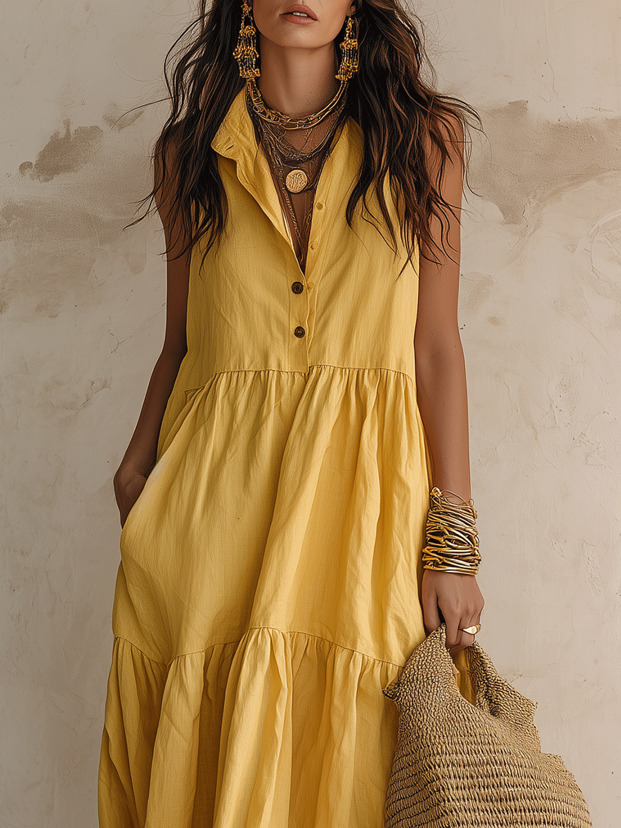 Effortless Resort Linen Collared Button-Front Tiered Ginger Maxi Dress
