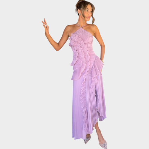 Asymmetrical Pleated Ruffle Maxi Dress