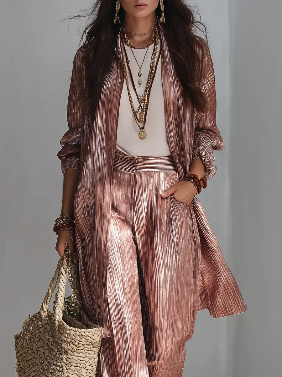 Slimming Metallic Pleated Long Cardigan Palazzo Pants Outfit Set