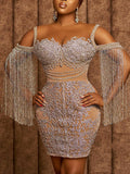 Fashion Off-The-Shoulder Sequined Tasseled See-Through Evening Mini Dress