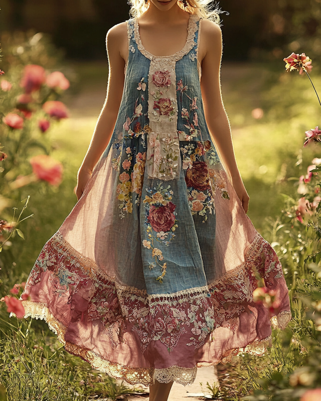Summer Floral Embroidered Lace Patchwork Comfortable Linen Dress e698