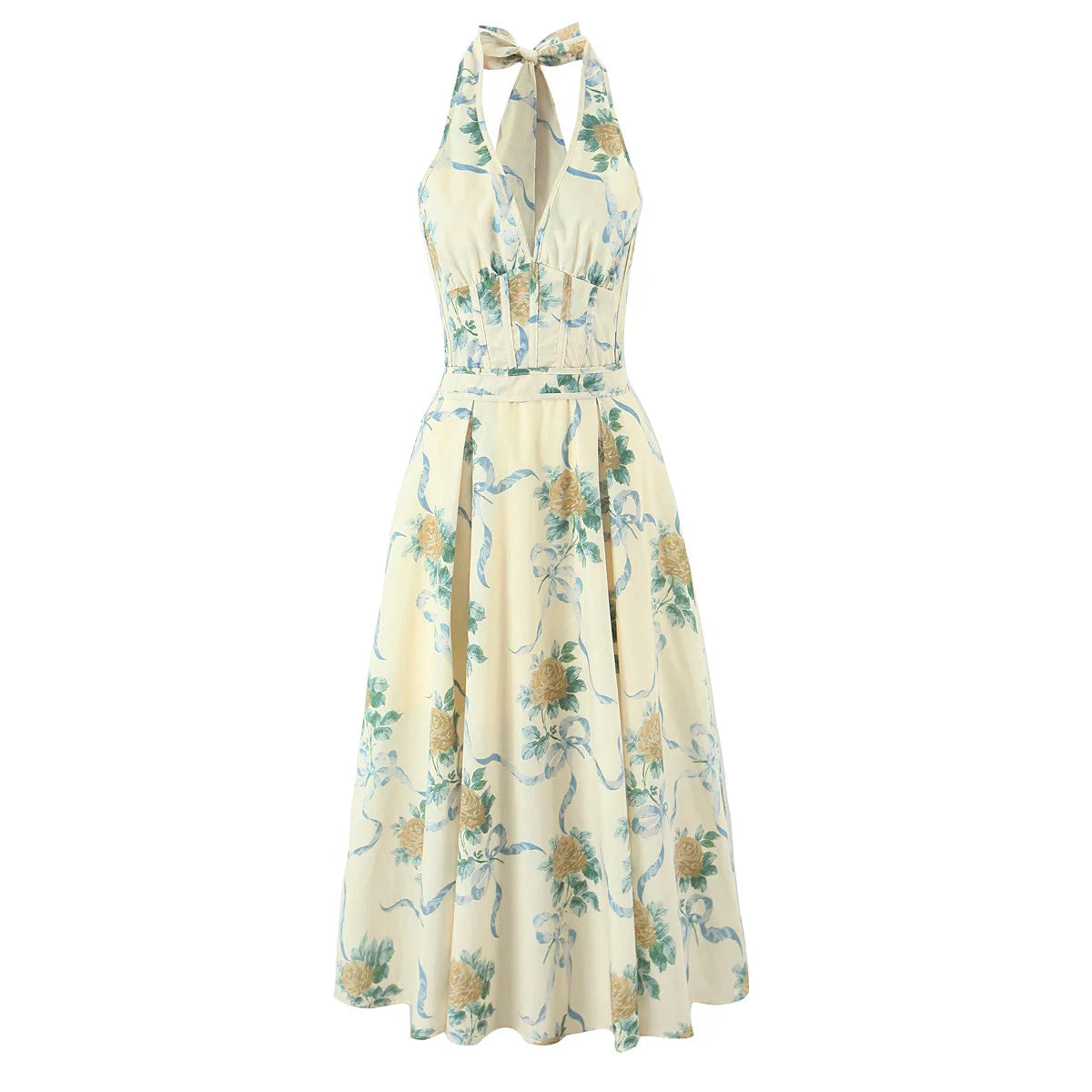 Evelisse Halterneck Corset Midi Dress – Summer Wedding Guest and Holiday Midi Dress in White or Yellow Floral Print