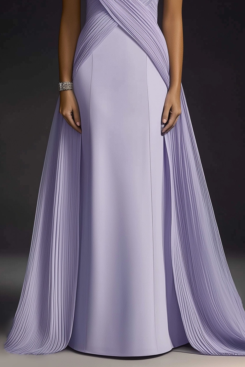 Formal Evening Dress Purple Stand Collar Pleated Train Maxi Gown