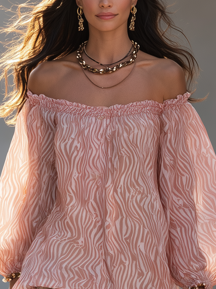 Dusty Rose Pink Wavy Chiffon Off-shoulder Lantern Sleeve Top