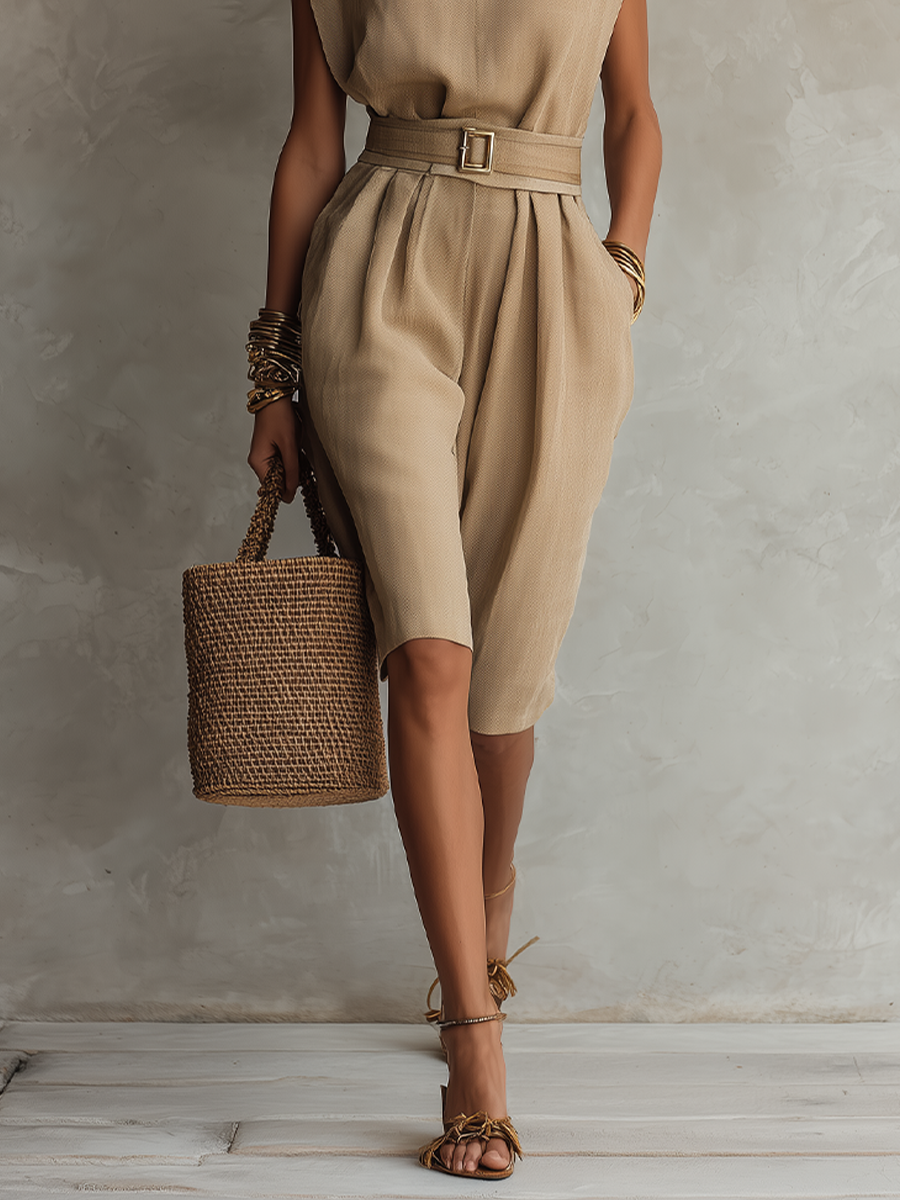 Belted Sleeveless Linen Bermuda Jumpsuit