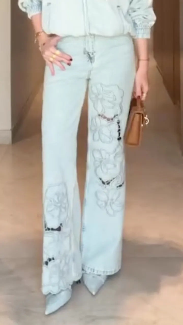 Light Blue Lace Cutwork Denim 2‑Piece Set