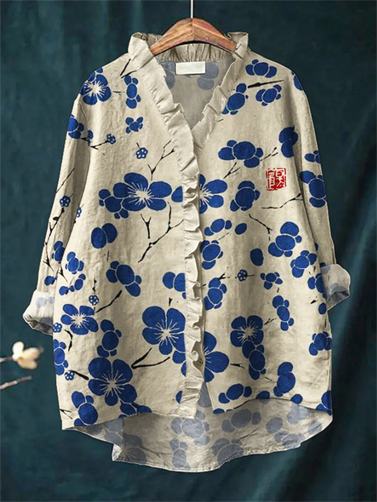 Cherry Blossom Japanese Lino Art Ruffle Trim Linen Blouse
